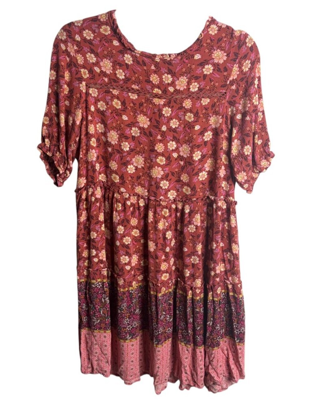 Knox Rose Size S Floral Tiered Dress Burgandy Flutter Sleeves Peasant Short Boho